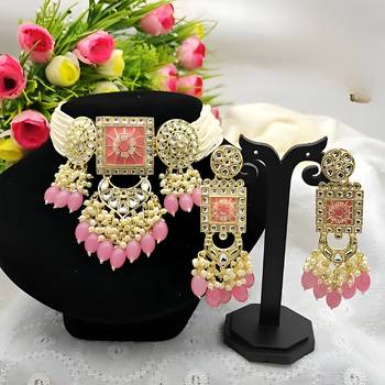 Regal kundan meena necklace and earrings set with pink beads exquisite indian bridal jewelry collection 1