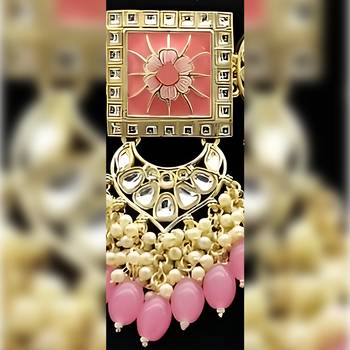 Regal kundan meena necklace and earrings set with pink beads exquisite indian bridal jewelry collection 2
