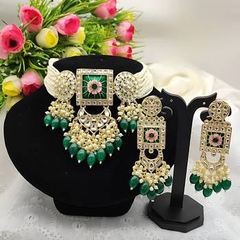 Regal kundan meena necklace and earrings set with greenbeads - exquisite indian bridal jewelry collection 1
