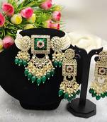 Regal kundan meena necklace and earrings set with greenbeads - exquisite indian bridal jewelry collection