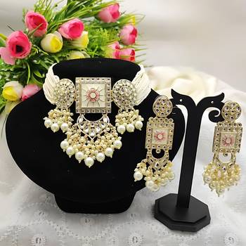 Regal kundan meena necklace and earrings set with white beads -exquisite indian bridal jewelry collection 1