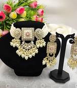 Regal kundan meena necklace and earrings set with white beads -exquisite indian bridal jewelry collection