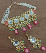Traditional kundan choker necklace set with pearl string and matching earrings