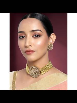 24k gold plated brass pearl diamond choker necklace with round earrings traditional jewellery set for women's 1
