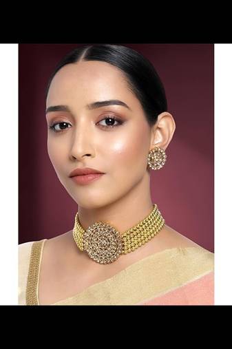 24k gold plated brass pearl diamond choker necklace with round earrings traditional jewellery set for women's