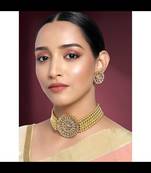 24k gold plated brass pearl diamond choker necklace with round earrings traditional jewellery set for women's