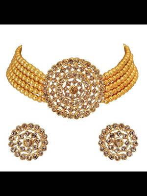 24k gold plated brass pearl diamond choker necklace with round earrings traditional jewellery set for women's 2