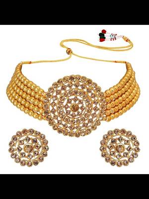 24k gold plated brass pearl diamond choker necklace with round earrings traditional jewellery set for women's 3