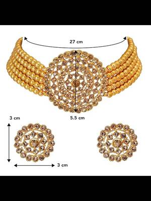 24k gold plated brass pearl diamond choker necklace with round earrings traditional jewellery set for women's 4