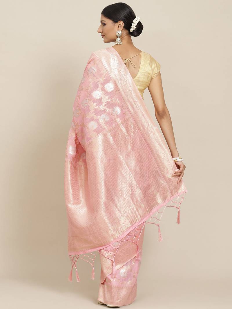 Pink Jacquard Silver & Golden Zari Floral Woven Banarasi Style Tassel Saree With Running Blouse Piece