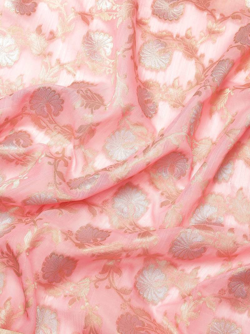 Pink Jacquard Silver & Golden Zari Floral Woven Banarasi Style Tassel Saree With Running Blouse Piece