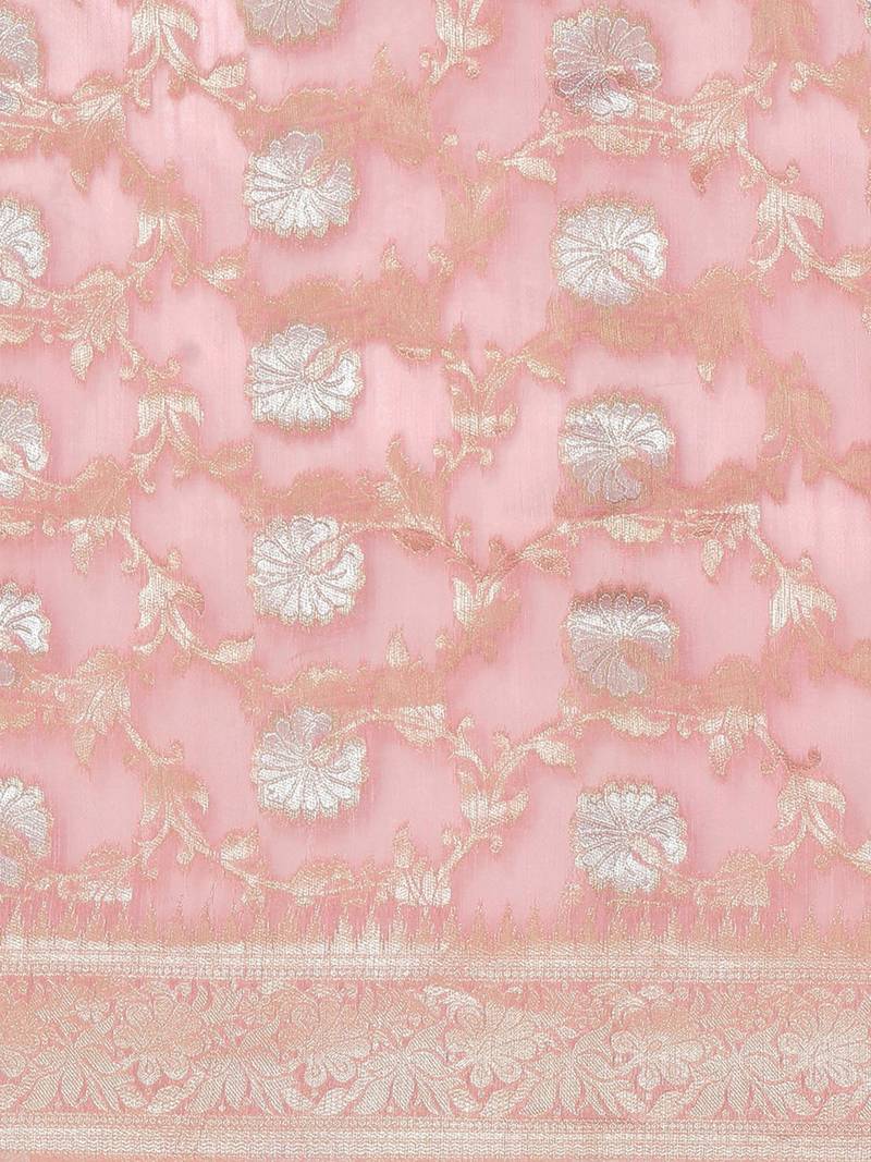 Pink Jacquard Silver & Golden Zari Floral Woven Banarasi Style Tassel Saree With Running Blouse Piece