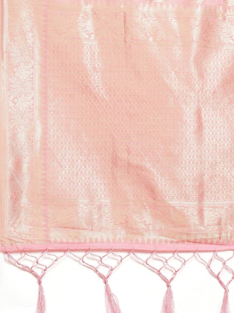 Pink Jacquard Silver & Golden Zari Floral Woven Banarasi Style Tassel Saree With Running Blouse Piece