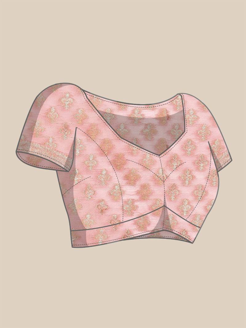 Pink Jacquard Silver & Golden Zari Floral Woven Banarasi Style Tassel Saree With Running Blouse Piece