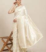 Beige Jacquard Silver & Golden Zari Floral Woven Banarasi Style Tassel Saree With Running Blouse Piece