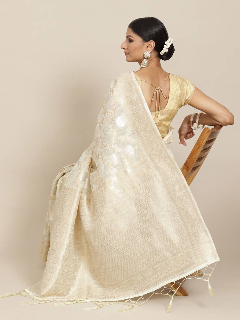 Beige Jacquard Silver & Golden Zari Floral Woven Banarasi Style Tassel Saree With Running Blouse Piece