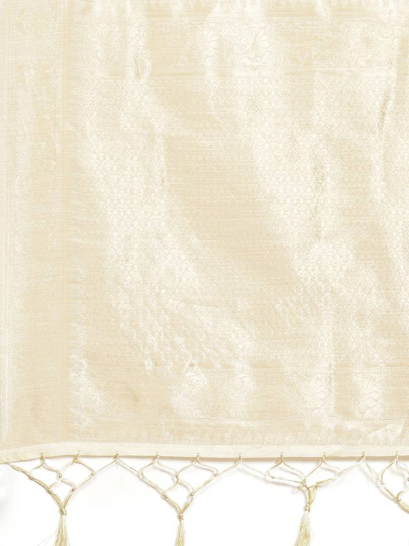 Beige Jacquard Silver & Golden Zari Floral Woven Banarasi Style Tassel Saree With Running Blouse Piece