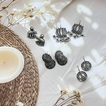 Oxidised earrings combo set of 4 antique silver replica small indian earrings stud jhumki pearl set 1