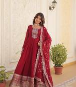 Maroon georgette sequins embroidered flaried designer gown with dupatta
