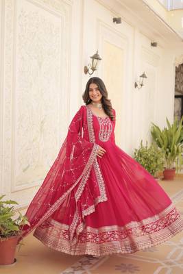 Pink georgette sequins embroidered flaried designer gown with dupatta 1