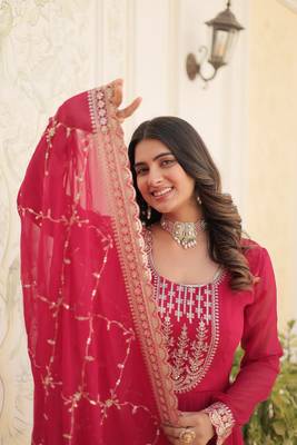Pink georgette sequins embroidered flaried designer gown with dupatta 2