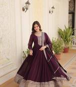 Wine georgette sequins embroidered flaried designer gown with dupatta