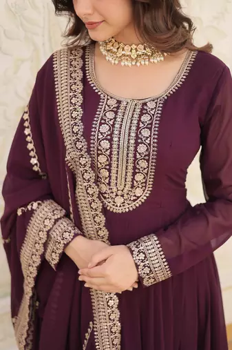 Wine georgette sequins embroidered flaried designer gown with dupatta