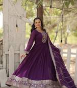 Purple georgette sequins embroidered flaried designer gown with dupatta