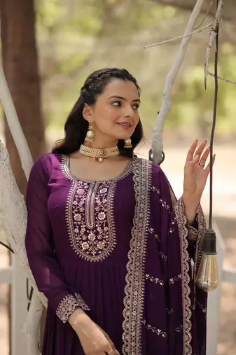 Purple georgette sequins embroidered flaried designer gown with dupatta