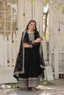 Black georgette sequins embroidered flaried designer gown with dupatta 1