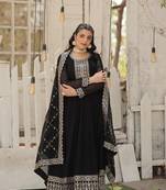 Black georgette sequins embroidered flaried designer gown with dupatta