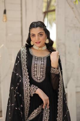 Black georgette sequins embroidered flaried designer gown with dupatta 3