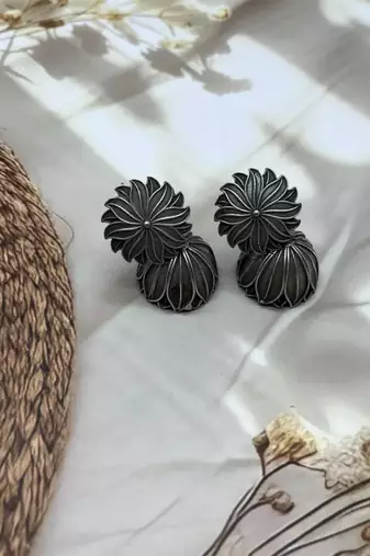 Oxidised earrings combo set of 4 antique silver replica small indian earrings stud jhumki pearl set