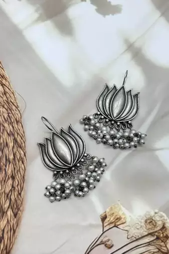 Oxidised earrings combo set of 4 antique silver replica small indian earrings stud jhumki pearl set