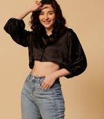 Urban sundari women's satin crop top with puff sleeves & button closure     stylish solid shirt collar top