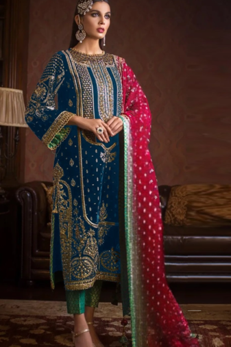 Blue embroidered 9000 velvet semi stitched salwar suit