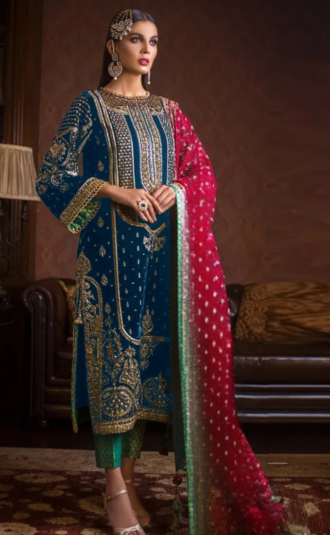 Blue embroidered 9000 velvet semi stitched salwar suit