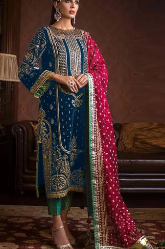 Blue embroidered 9000 velvet semi stitched salwar suit