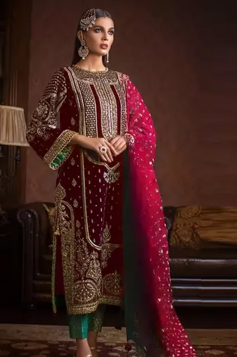 Maroon embroidered 9000 velvet semi stitched salwar suit