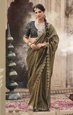 Designer dark mehendi weaving soft tissue silk blend saree with designer blouse 1