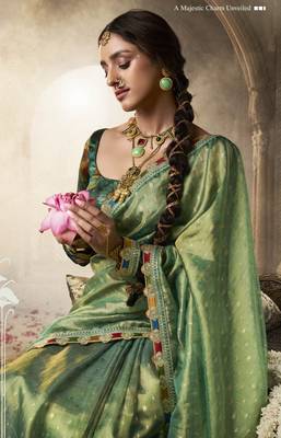 Designer green weaving soft tissue silk blend saree with designer blouse 2