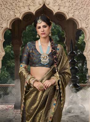Designer dark mehendi weaving soft tissue silk blend saree with designer blouse 2