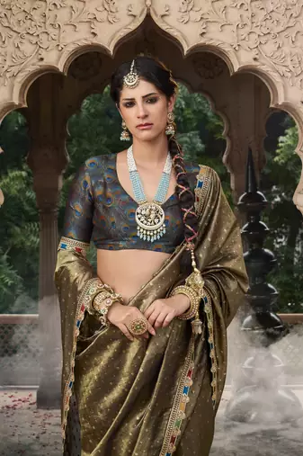 Designer dark mehendi weaving soft tissue silk blend saree with designer blouse