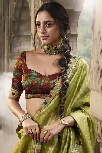 Designer light green weaving soft tissue silk blend saree with designer blouse