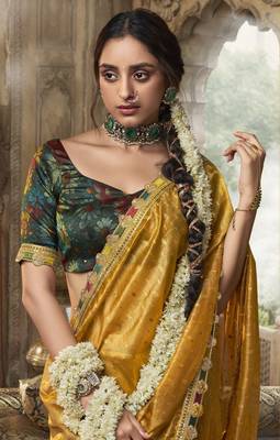 Designer yellow weaving soft tissue silk blend saree with designer blouse 2