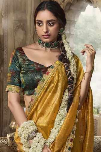 Designer yellow weaving soft tissue silk blend saree with designer blouse