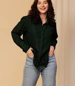 Urban sundari classic fit long-sleeve cotton shimmer shirt with spread collar     solid curved hem