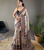  Grey Soft Cotton Tussar Silk Saree,Elegant Prints And Contrast Pallu Saree,Blouse-not As Per Image