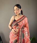 Peach Soft Cotton Tussar Silk Saree,Elegant Prints And Contrast Pallu Saree,Blouse-not As Per Image