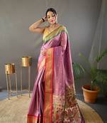Lavender Kamalkari Paithan Silk Saree,Blouse-not As Per Image